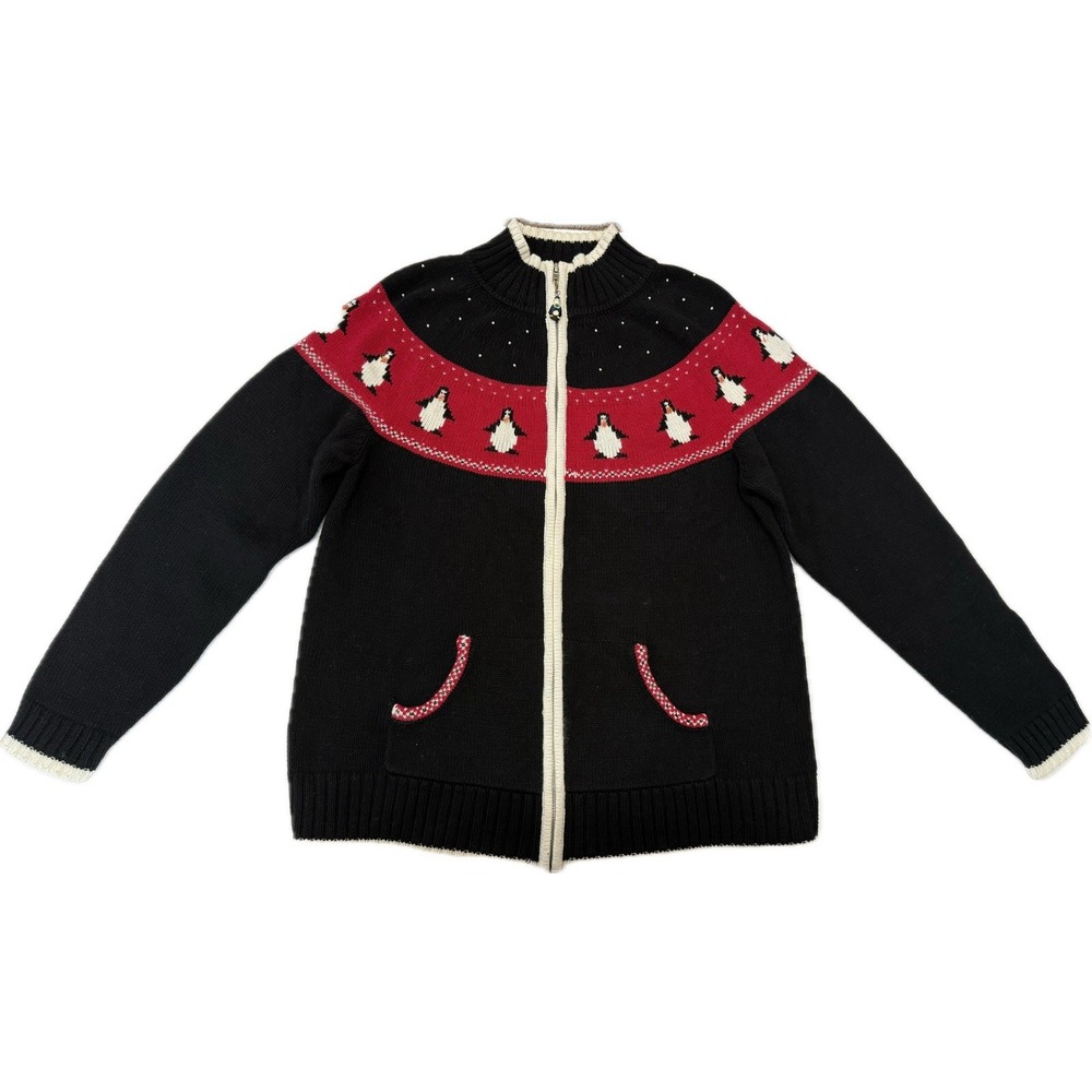 VTG Quacker Factory Sweater Women Size M Black Zip Up Penguins Cardigan Holiday‎